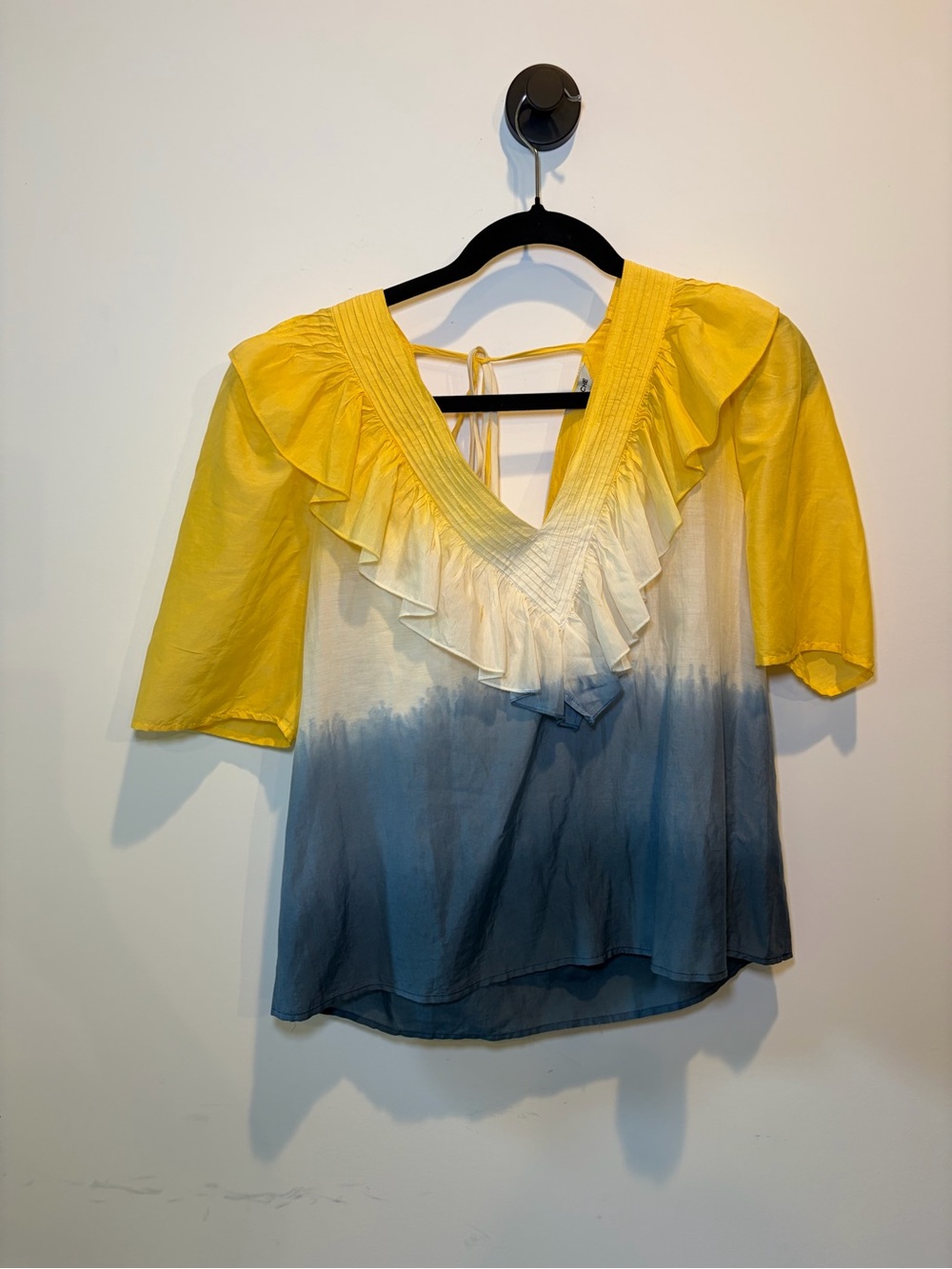 St. Roche Women's Yellow and Blue Ombre Ruffle V-Neck Blouse